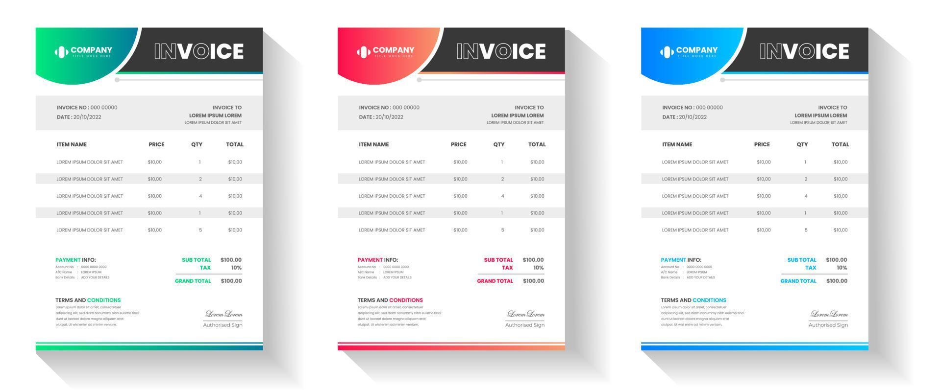 corporate modern minimal Business invoice form template. Invoicing quotes, money bill, Tax form, payment receipt, price invoices and payment agreement design template set. vector