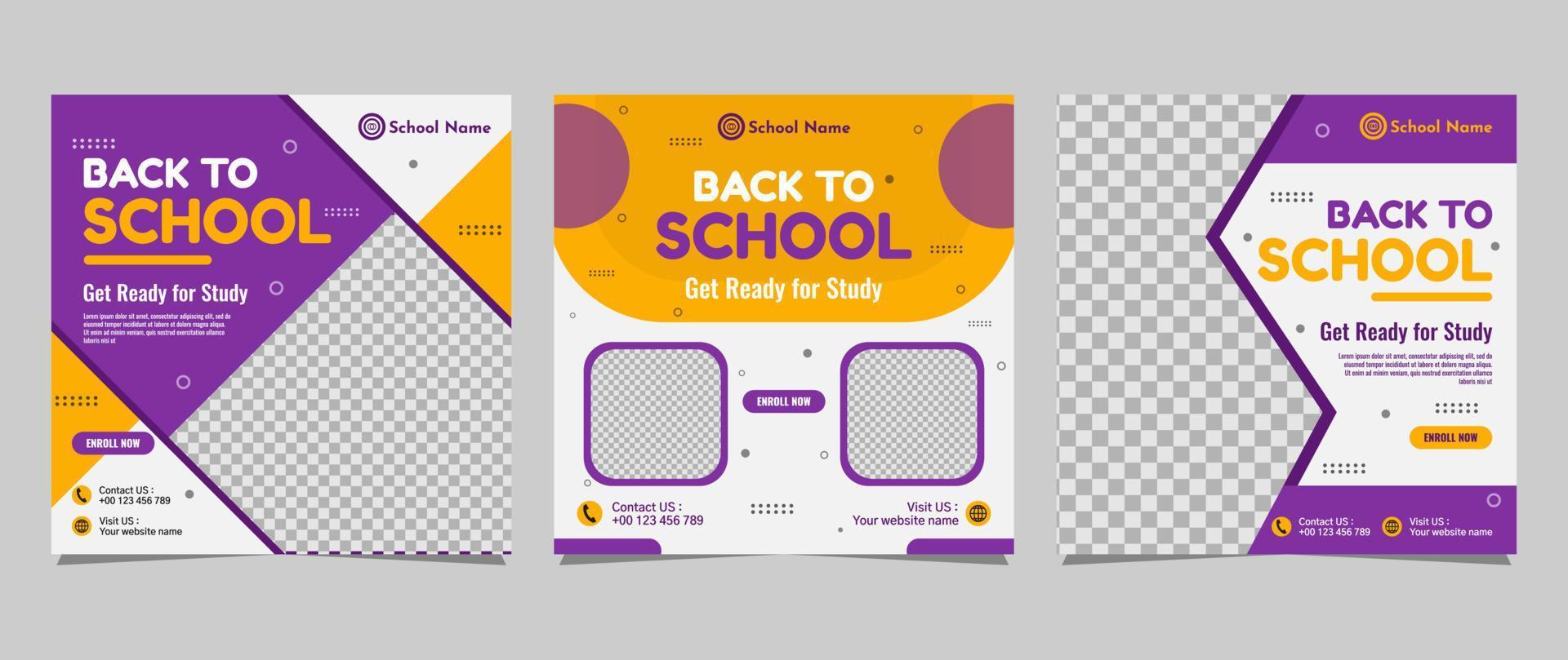 Back to school social media post template design. For web ads, postcard, card, business messages, discount flyers and big sale banners vector