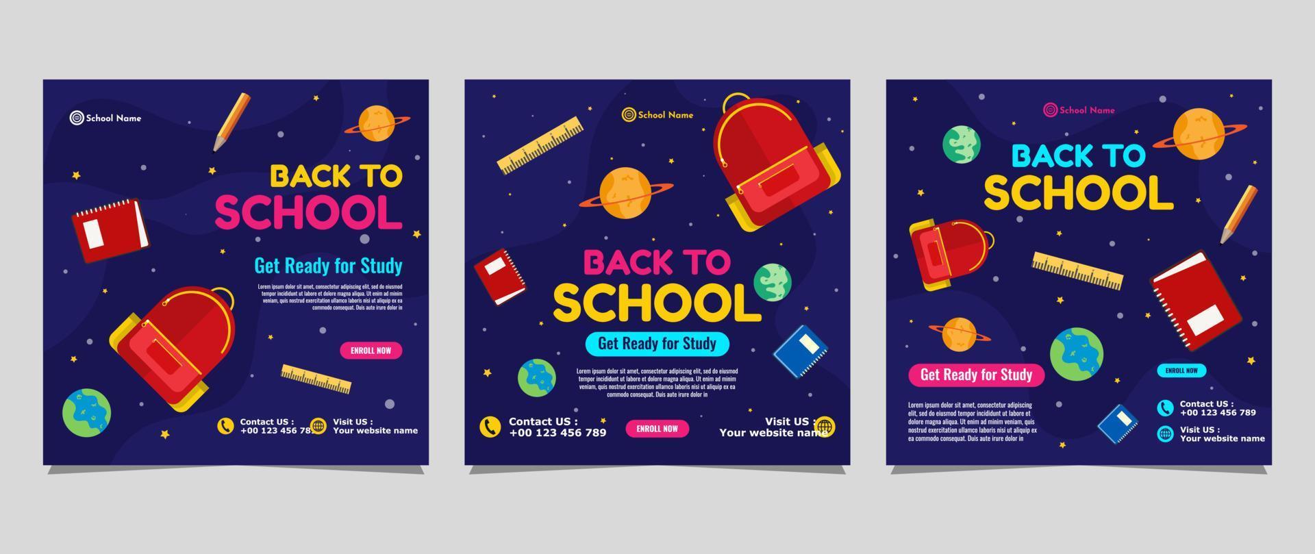 diseño de plantilla de publicación de redes sociales de regreso a la escuela. para anuncios web, postales, tarjetas, mensajes comerciales, volantes de descuento y pancartas de grandes ventas vector