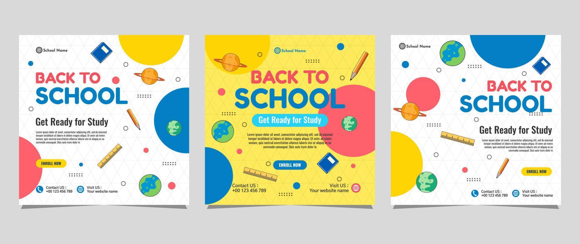 Back to school social media post template design. For web ads, postcard, card, business messages, discount flyers and big sale banners vector