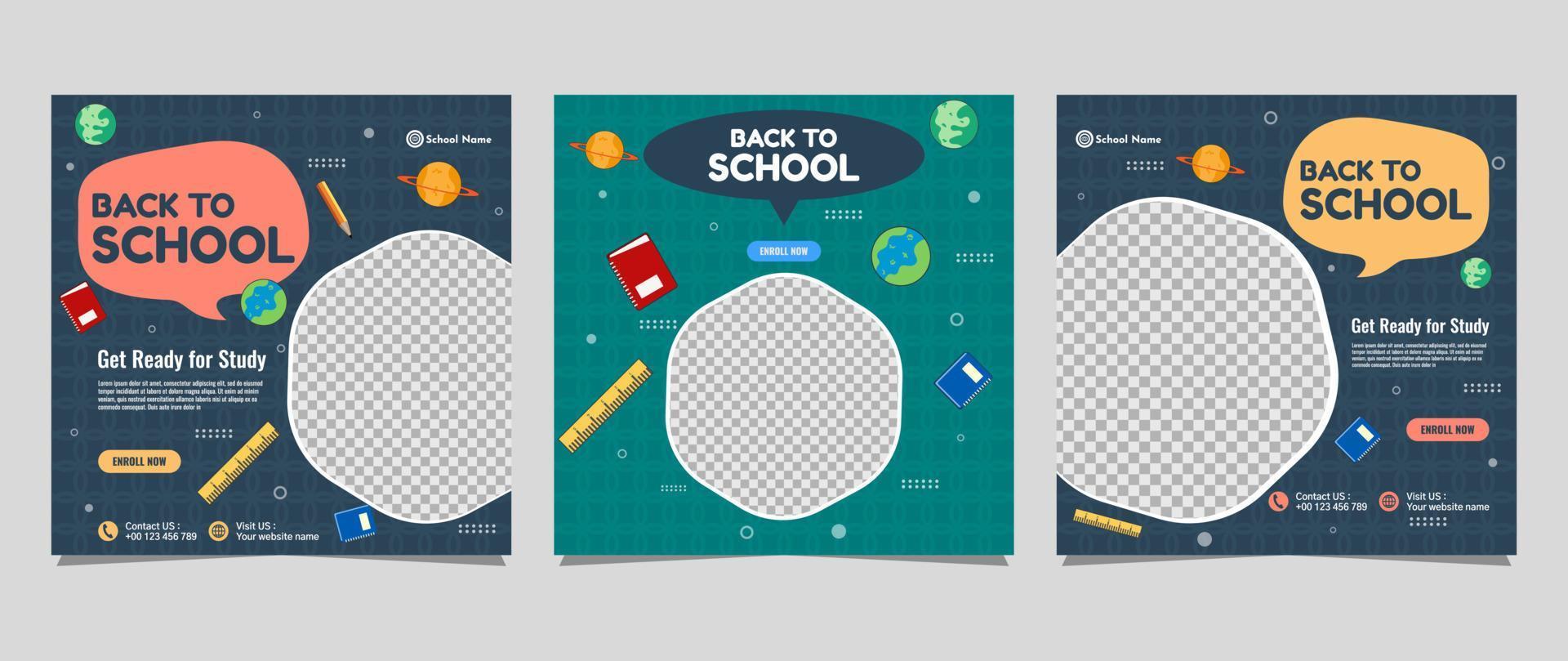 Back to school social media post template design. For web ads, postcard, card, business messages, discount flyers and big sale banners vector