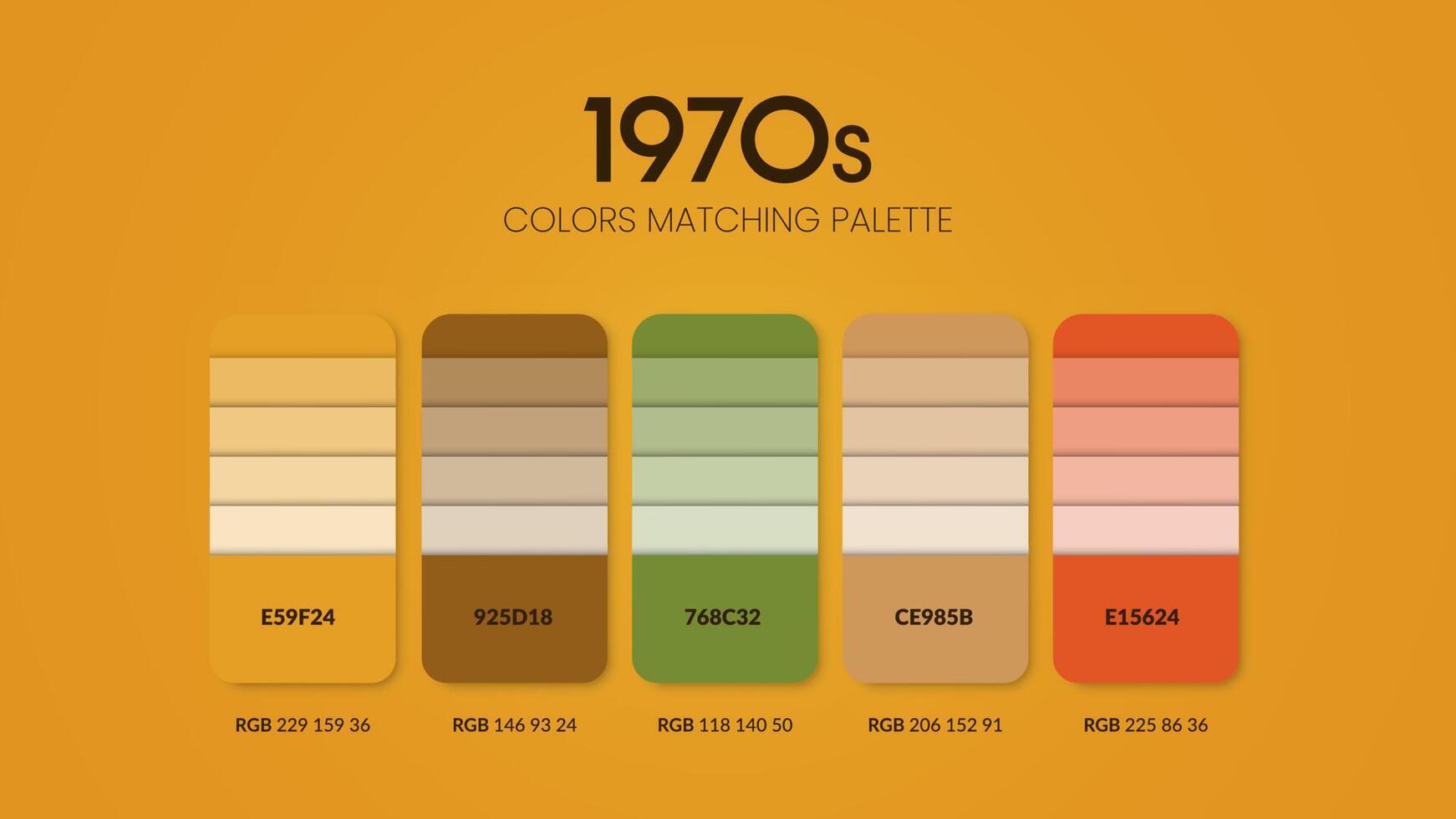 1970s colour schemes ideas. Color Trends combinations and palette guide. Example of table color shades in RGB and HEX.Color swatch for fashion, home, interiors design or cataloque.Colour chart vector. vector