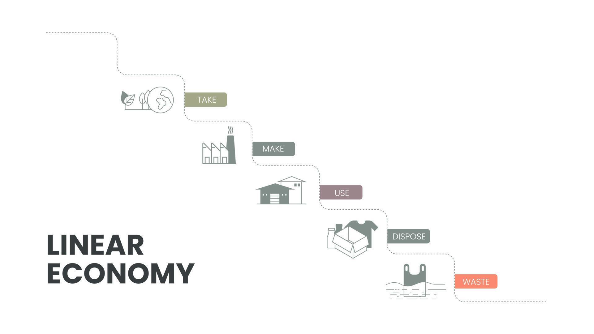 The vector infographic diagram of the linear economy concept has 5