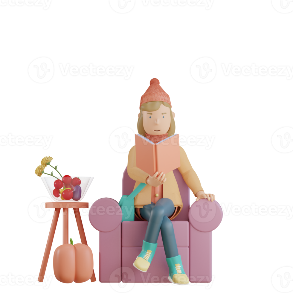 3d autumn character sit in sofa and reading a book 3d render png