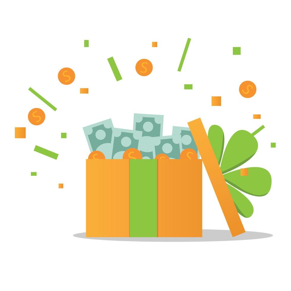 Surprise box with cash prizes. Concept of cashback service, discount and loyalty card, customer service, online shopping, earn point. Vector illustration flat design