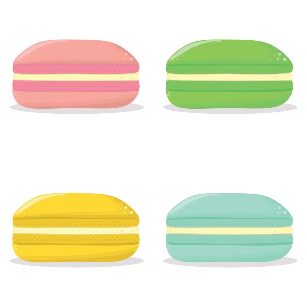 conjunto de cuatro macarrones dulces ilustración vectorial plana, icono de pastel, dulzura. macarrones aislados sobre fondo blanco vector