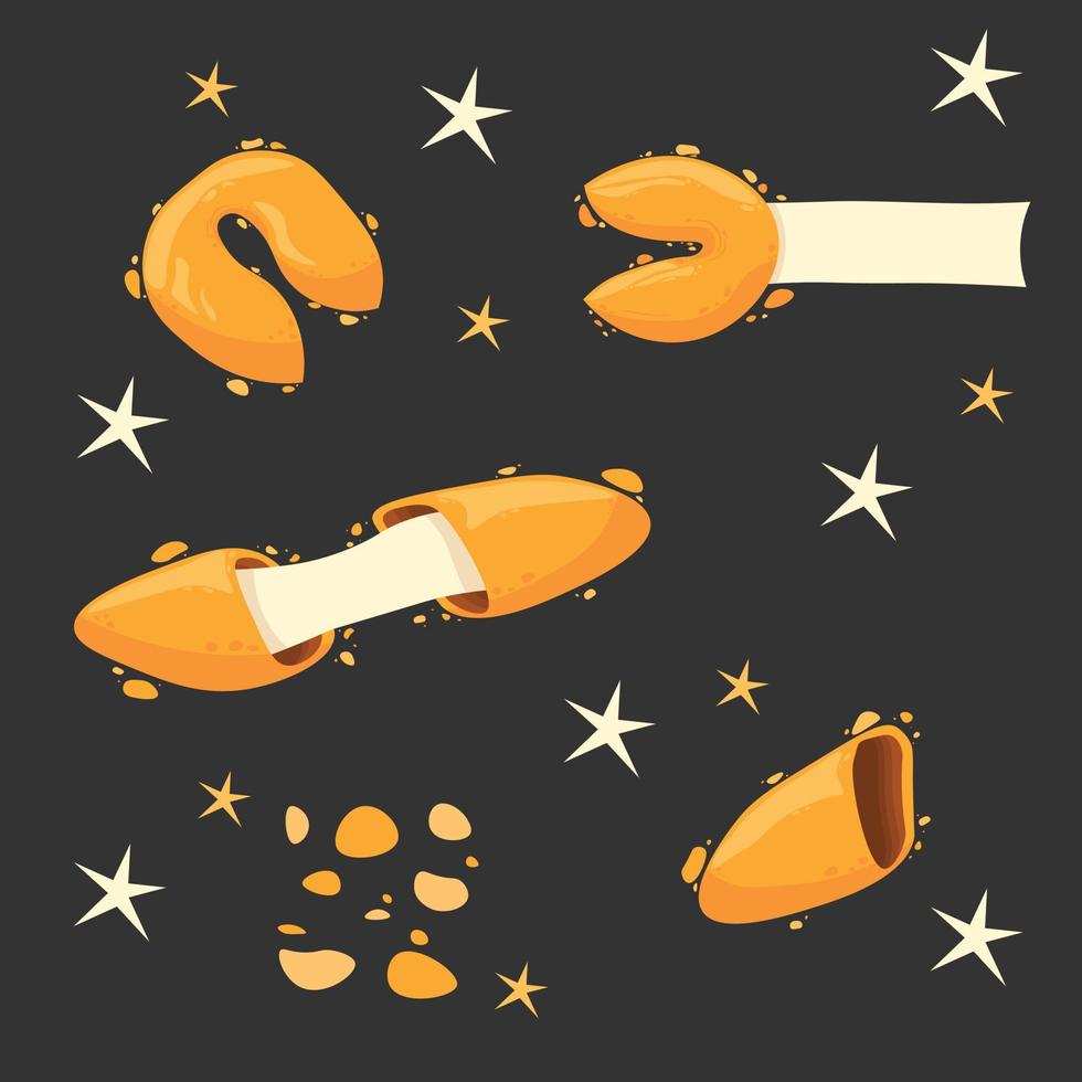 conjunto de galletas de la fortuna chinas marrones. ilustración vectorial plana. comida, postre, tema de buena fortuna. aislado sobre fondo blanco vector