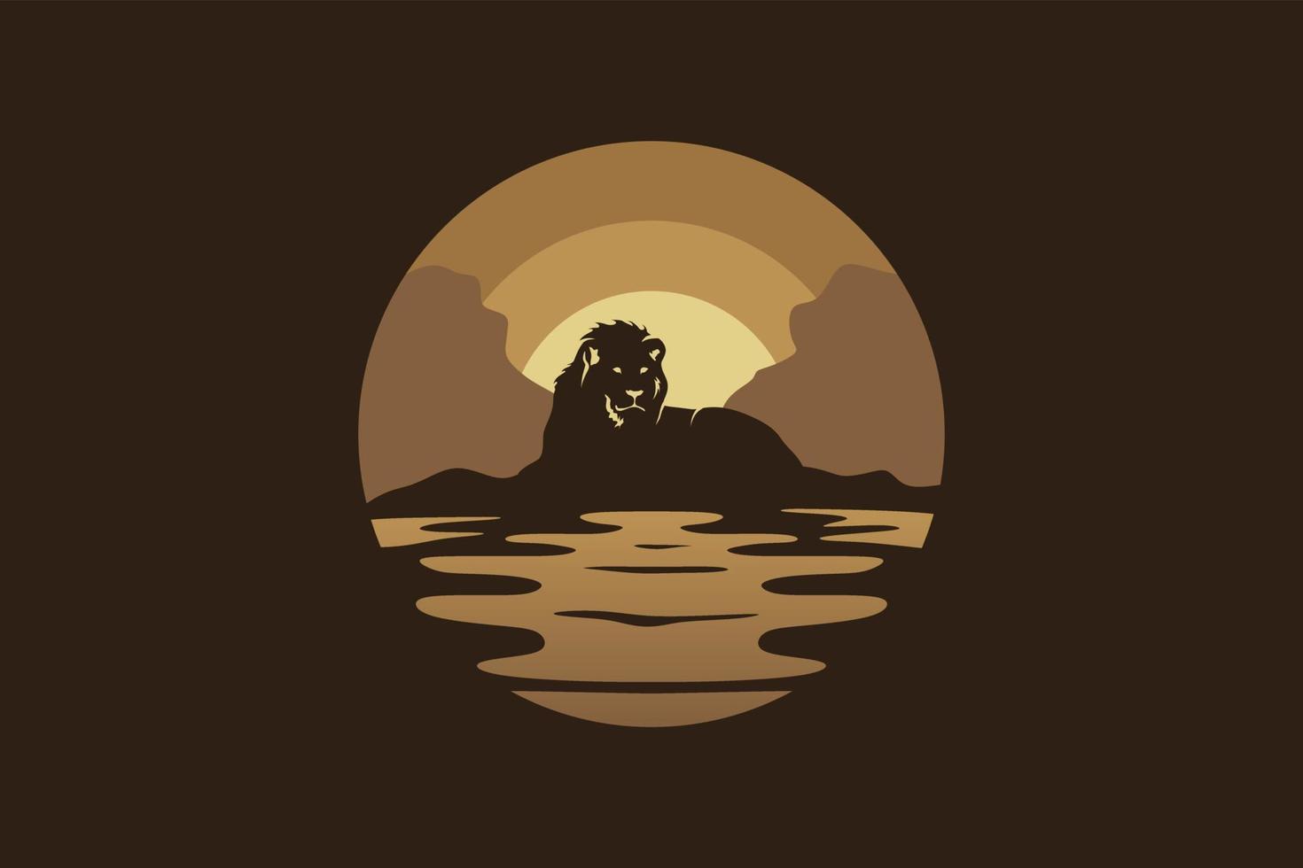Lion logo night landscape design. Silhouette of a lion blends with a night landscape vector illustration.