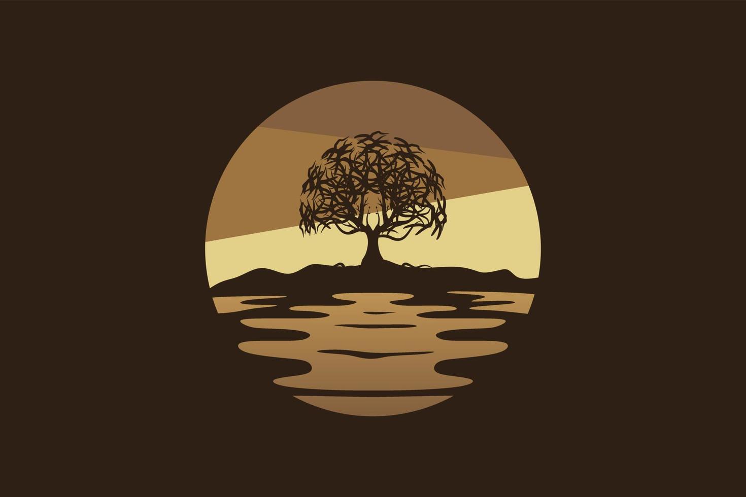 diseño de paisaje nocturno con logotipo de árbol. silueta de árbol se mezcla con la ilustración de vector de paisaje nocturno.