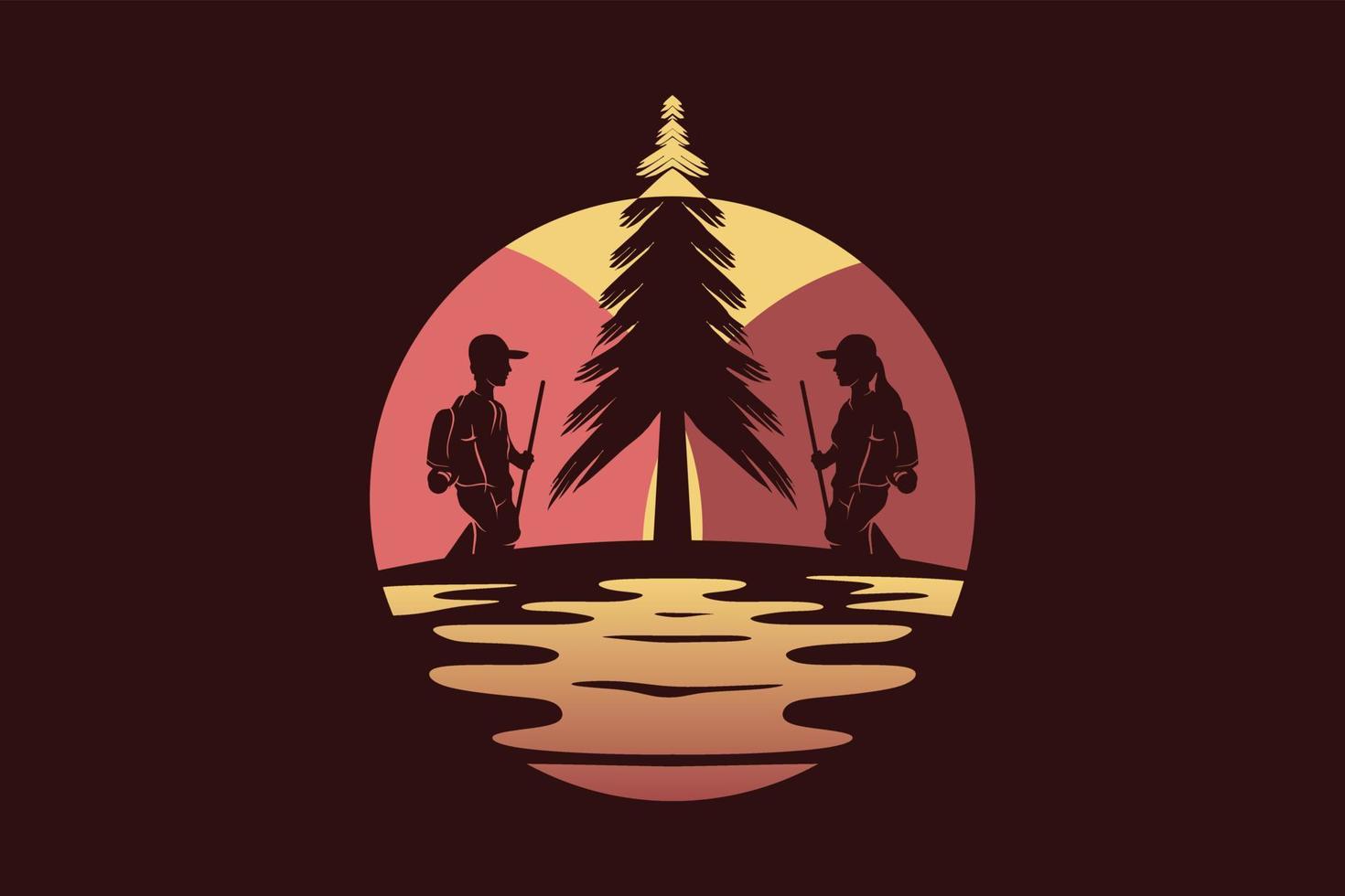 senderismo, aventura o camping logo diseño de paisaje nocturno. las siluetas de las personas y los abetos se mezclan con la ilustración del vector del paisaje nocturno.