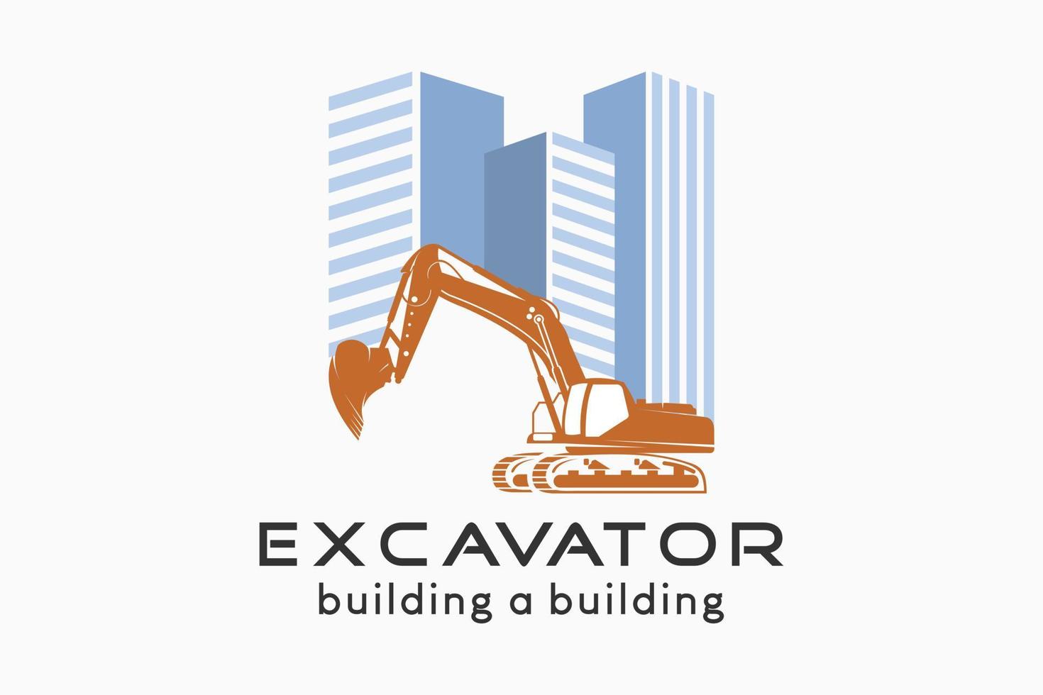 Excavator logo design with an excavator silhouette combined with a building, vector illustration of an excavator building a building with a creative concept.