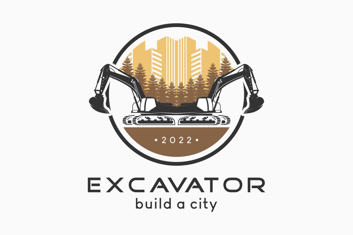 Excavator logo design with an excavator silhouette combined with a building icon and a cypress tree in a circle, vector illustration of an excavator building a city with a creative concept.
