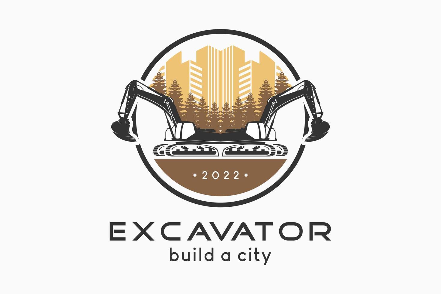 diseño de logotipo de excavadora con una silueta de excavadora combinada con un icono de construcción y un ciprés en un círculo, ilustración vectorial de una excavadora que construye una ciudad con un concepto creativo. vector