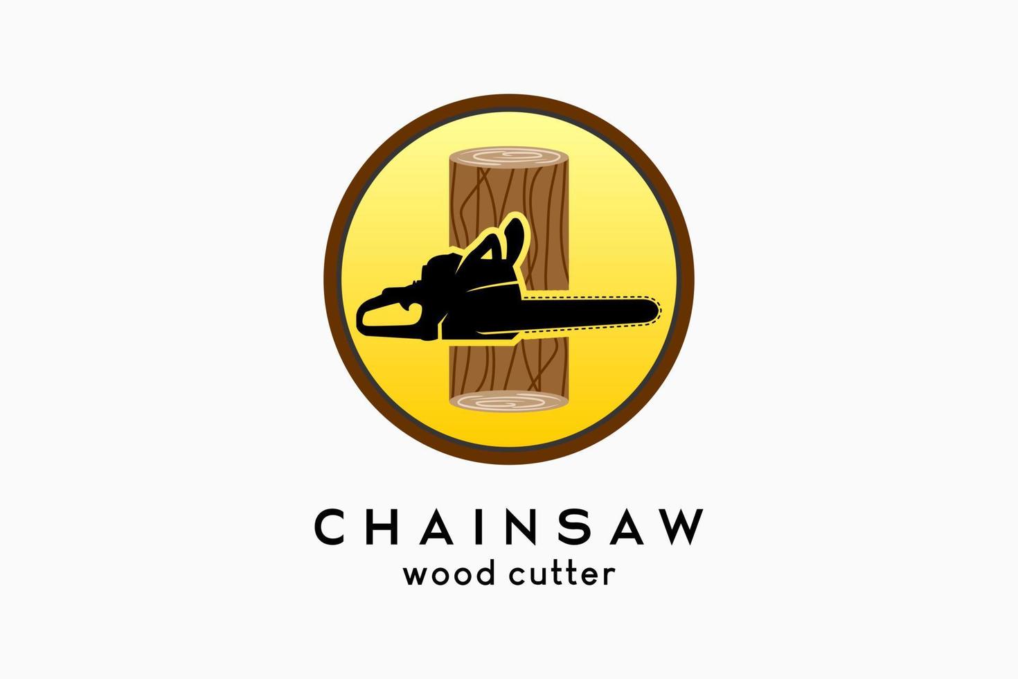 Woodcutter or sawmill logo design, chainsaw silhouette combined with tree cut icon in a circle vector