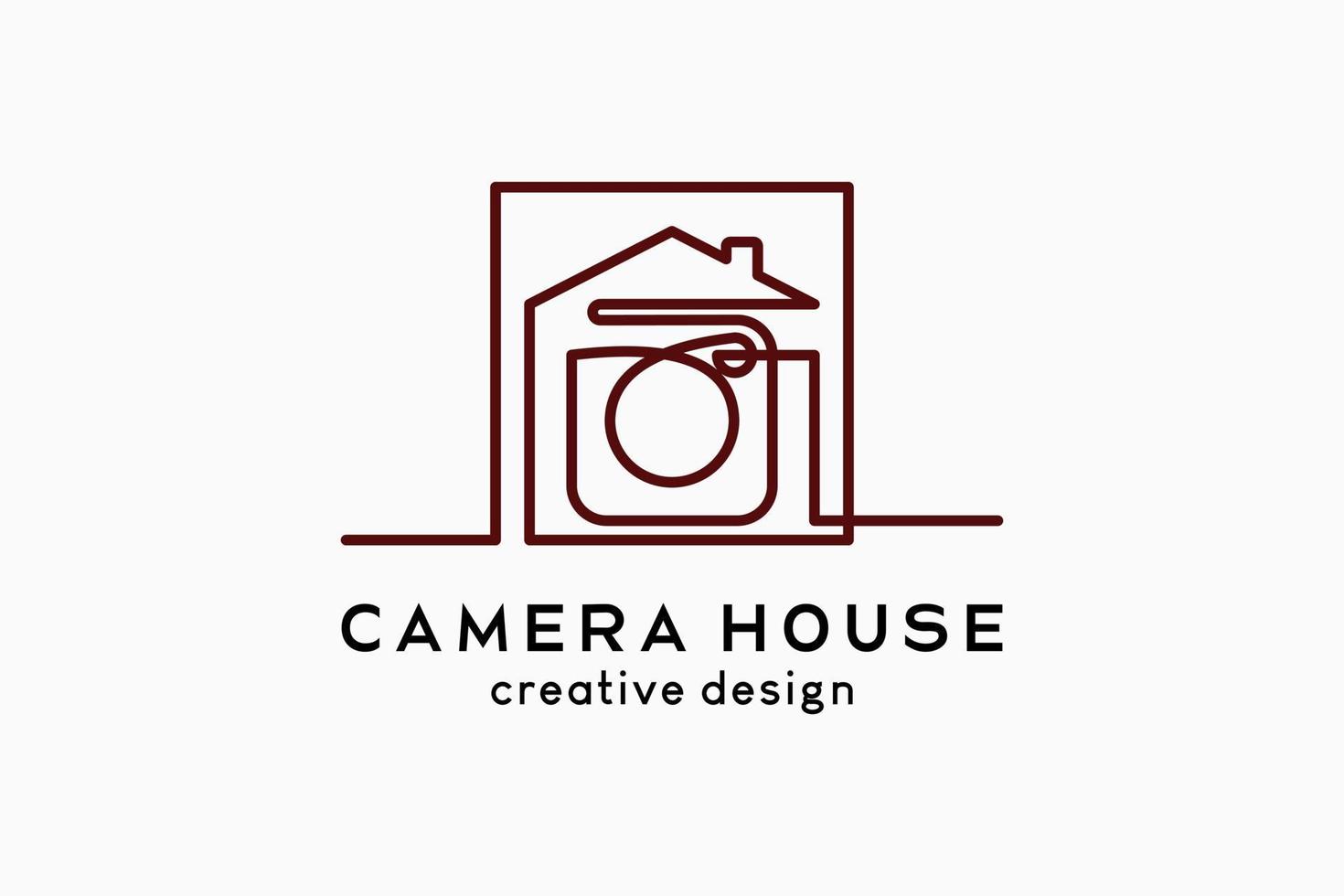 Camera house logo design, camera icon blends with house icon in a continuous line art concept vector
