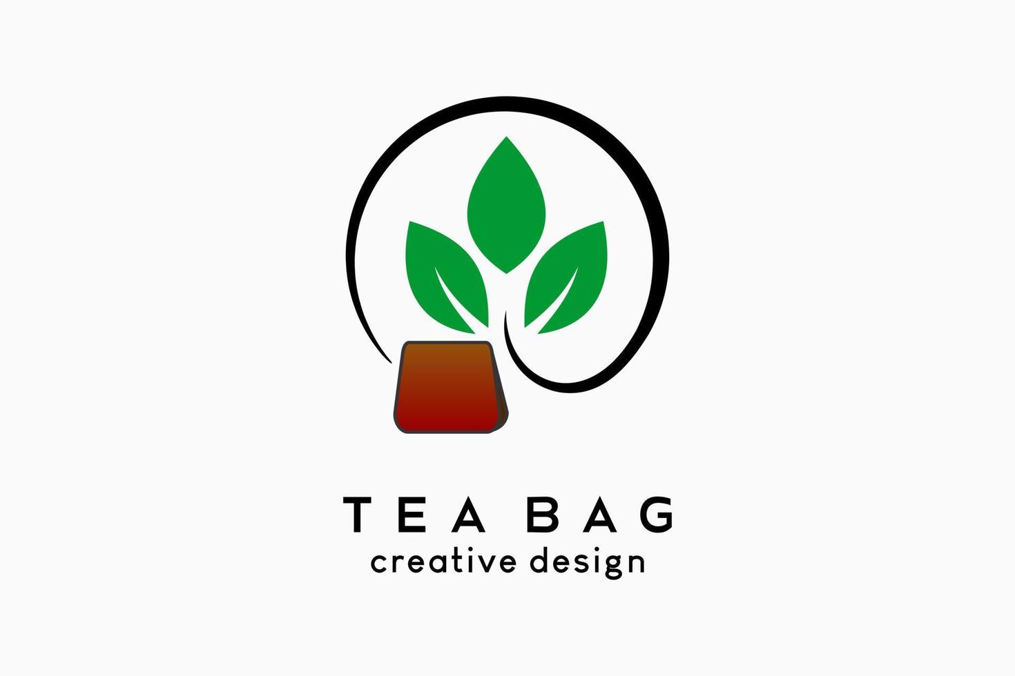 diseño del logotipo de la bolsa de té, icono de la hoja de té combinado con el icono de la bolsa de té en un círculo. ilustración de logotipo vectorial para el negocio de bebidas. vector