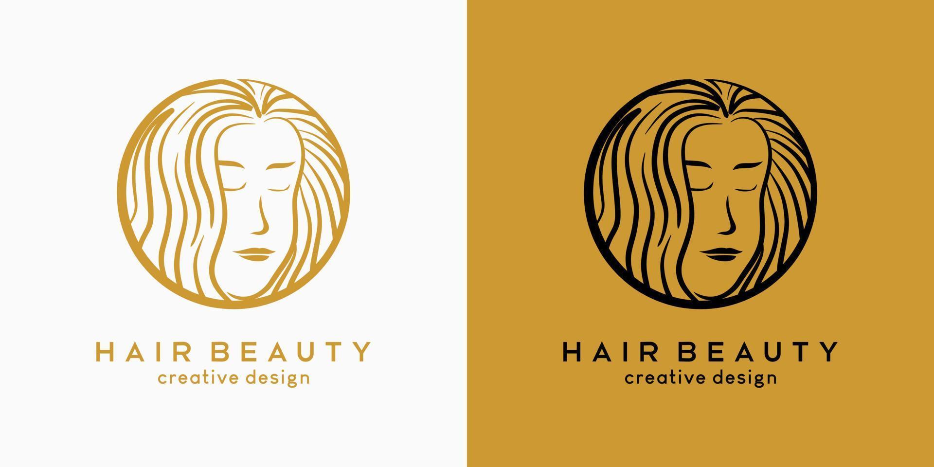 diseño del logo de la peluquería, belleza del cabello o cuidado del cabello, cara de mujer de pelo largo con concepto dibujado a mano en círculo vector