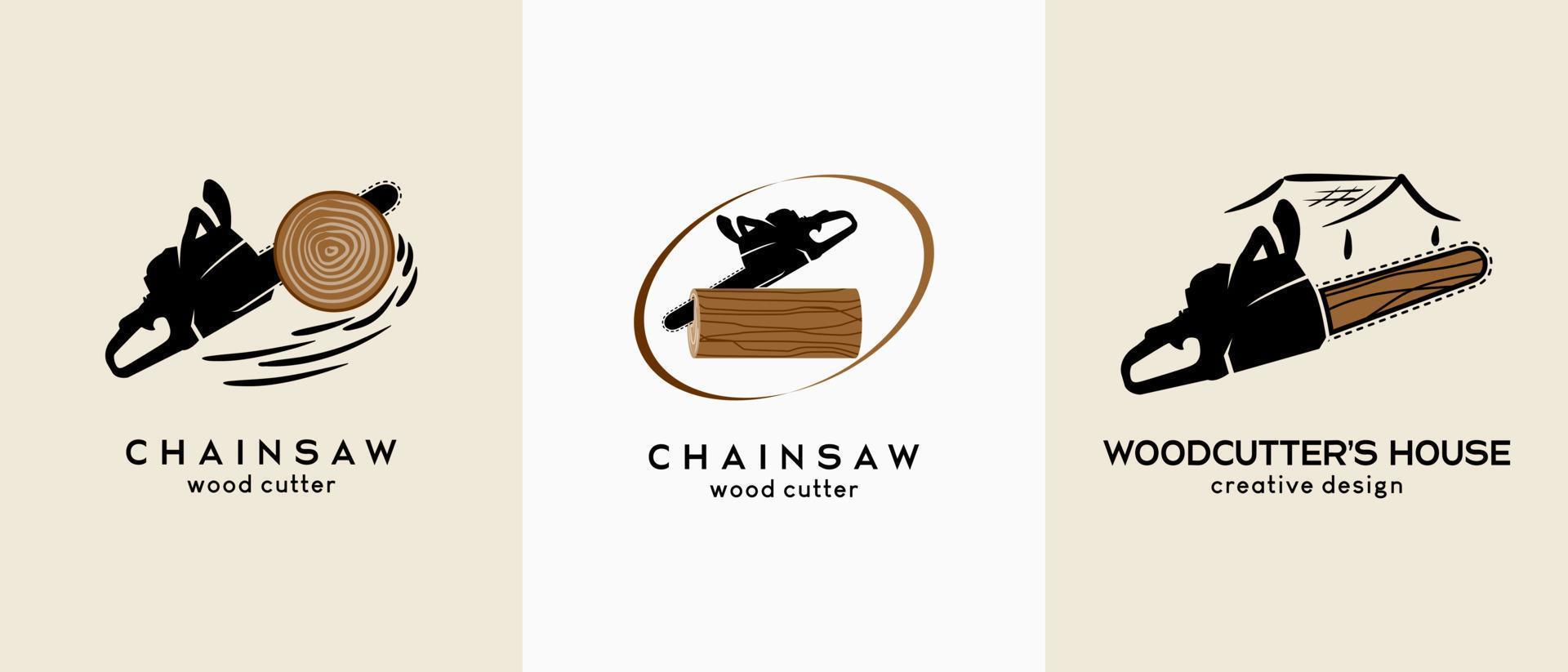 A collection of wood cutting or sawmill logo designs, a chainsaw silhouette combined with a woodcut icon and a house ico in a creative concept vector
