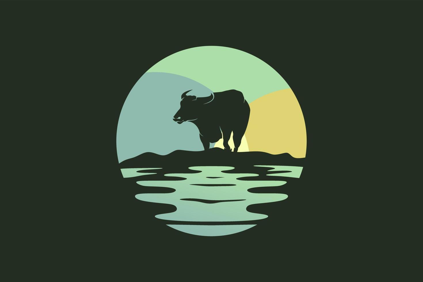 diseño de paisaje nocturno con logotipo de vaca o búfalo. la silueta de búfalo se combina con la ilustración de vector de paisaje nocturno.