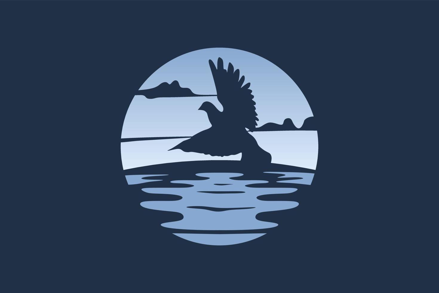 Flying dove logo night landscape design. Silhouette of birds blends with night landscape vector illustration.