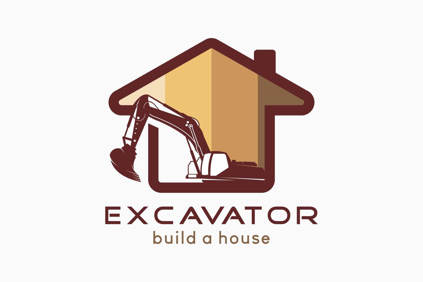 Excavator logo design with an excavator silhouette combined with a house icon, vector illustration of an excavator building a house with a creative concept.
