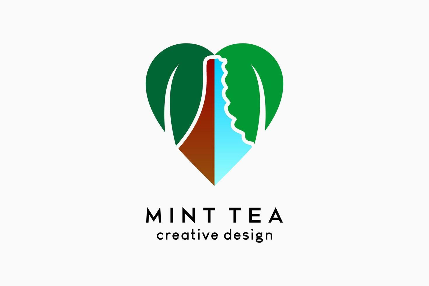 Mint tea logo design, tea leaf icon and mint leaf icon in the heart. Vector logo illustration for beverage or herbal business.