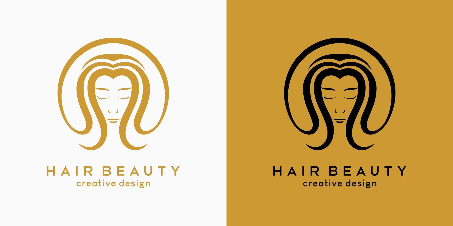diseño del logo de la peluquería, belleza del cabello o cuidado del cabello, cara de mujer con cabello en concepto dibujado a mano en círculo vector