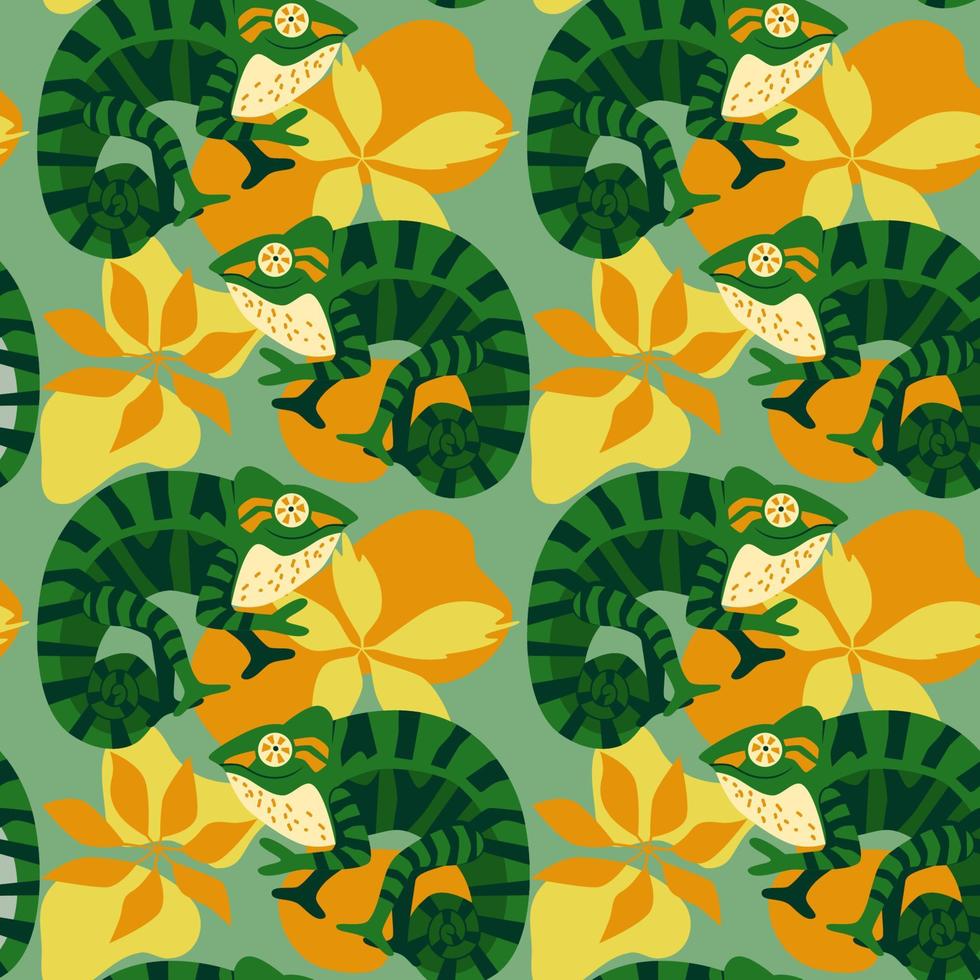 Seamless pattern with cute, funny chameleons show peace sign among foliage tropical leaves. kids, web pages, wrapping paper, wallpaper, textile desian vector illustration.