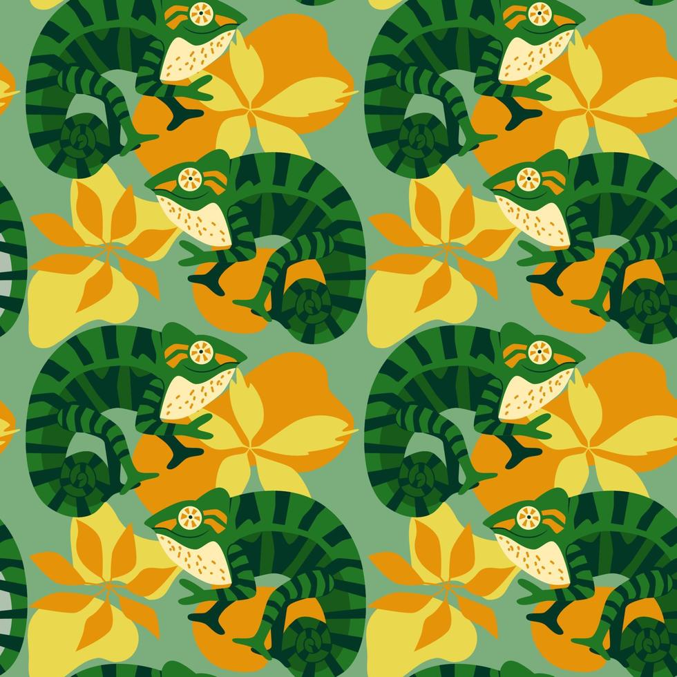 Seamless pattern with cute, funny chameleons show peace sign among foliage tropical leaves. kids, web pages, wrapping paper, wallpaper, textile desian vector illustration.