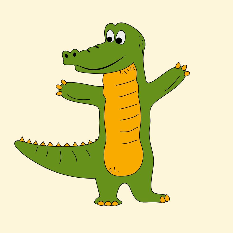 Cute green and yellow crocodile cartoon black outline. Hand drawn alligator mascot for kids design vector illustration