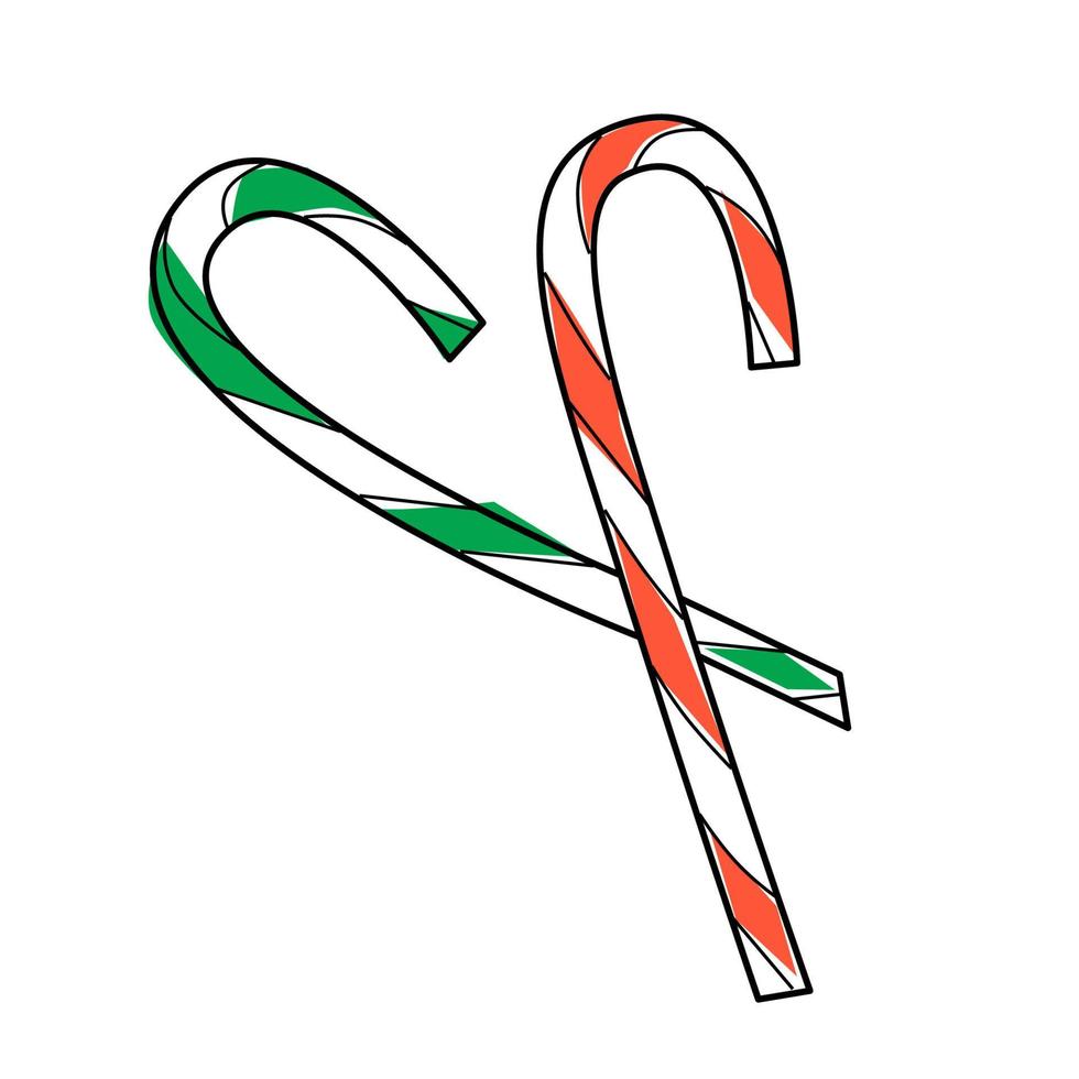 red and green strips candy cane with black outline illustration vector
