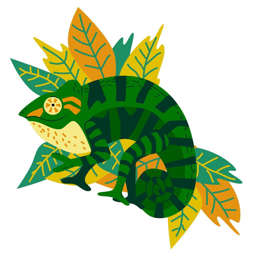 hand drawn cute panther chameleon, exotic mascot shows peace sign and  smiles, bright positive character on tropical foliage background, avatar,  logo, kids design illustration 9904528 Vector Art at Vecteezy