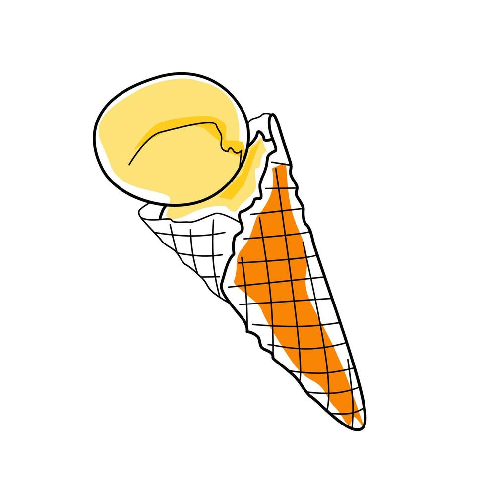 helado de vainilla en un cono de waffel dibujando el contorno de la mano y la ilustración de colores vector