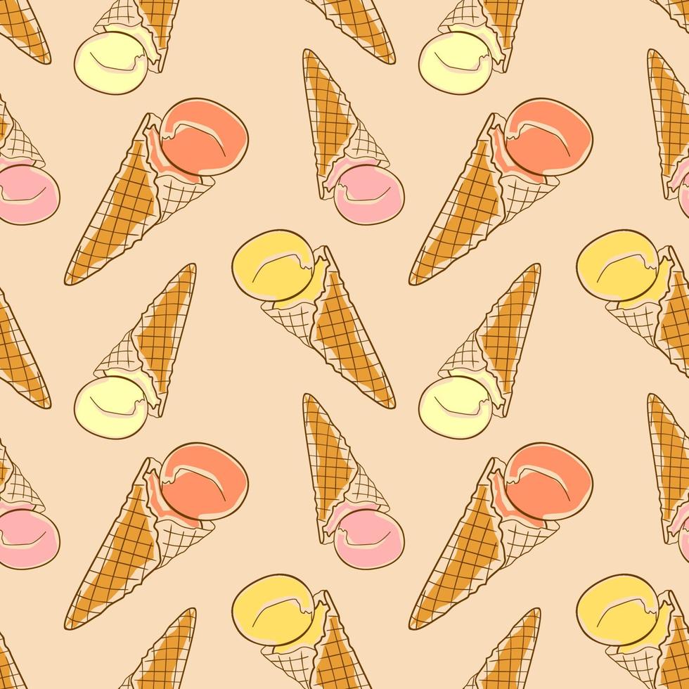 Ice Cream in a waffel cone seamless pattern hand drawing outline and colors illustration vector