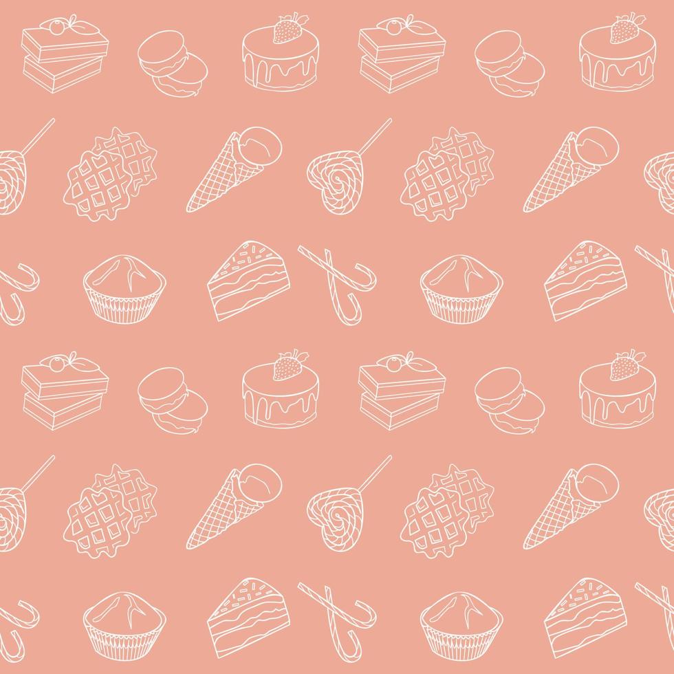 food item black outline hand drawn seamless pattern, set of bakery, sweets collection candy cane, cupcake, macaroon, icecream, pie kitchen design illustration vector