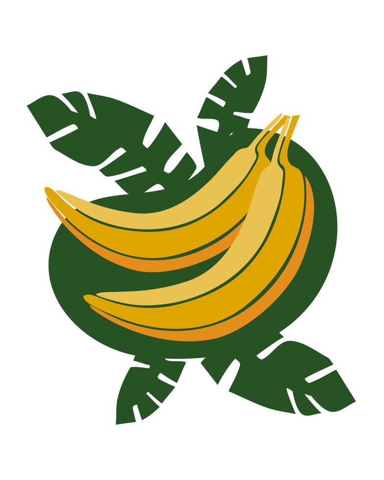 Hand drawn minimalistic yellow banan with green palm leaves concept sticker, icon, emblem, card vector illustration
