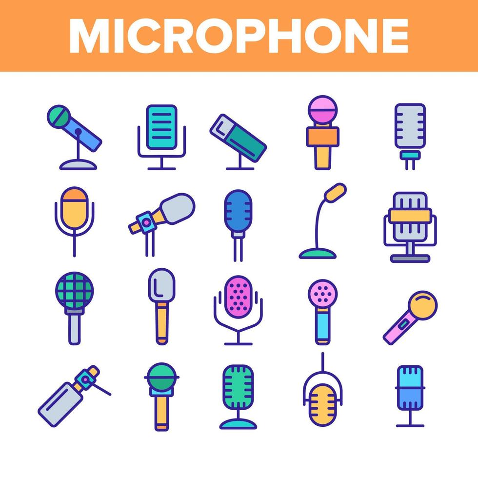 conjunto de iconos lineales de vector de micrófono moderno y vintage