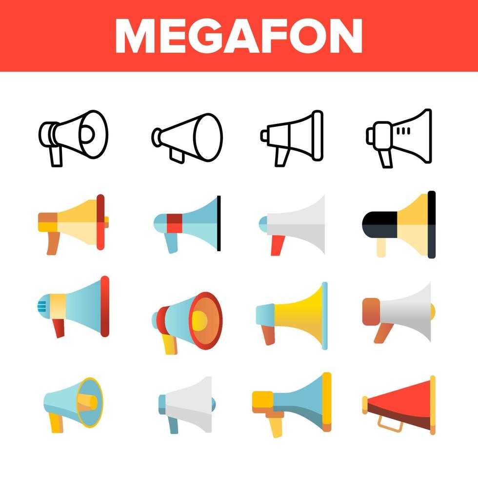 megafon, megáfono, conjunto de iconos lineales vectoriales de altavoz vector