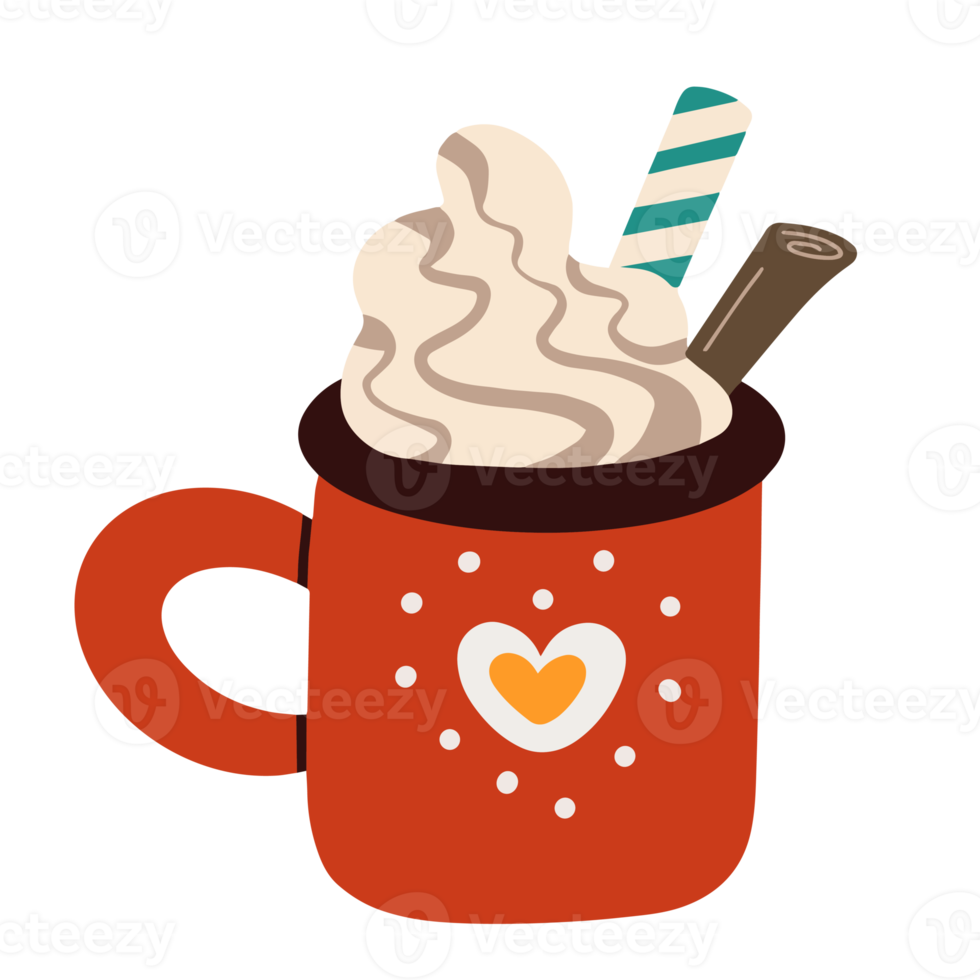 red mug with delicious hot cocoa with whipped cream served with cinnamon stick and striped straw as traditional Christmas sweet treat png