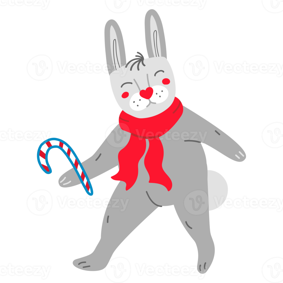 Funny cartoon rabbit in red scarf with candy cane png