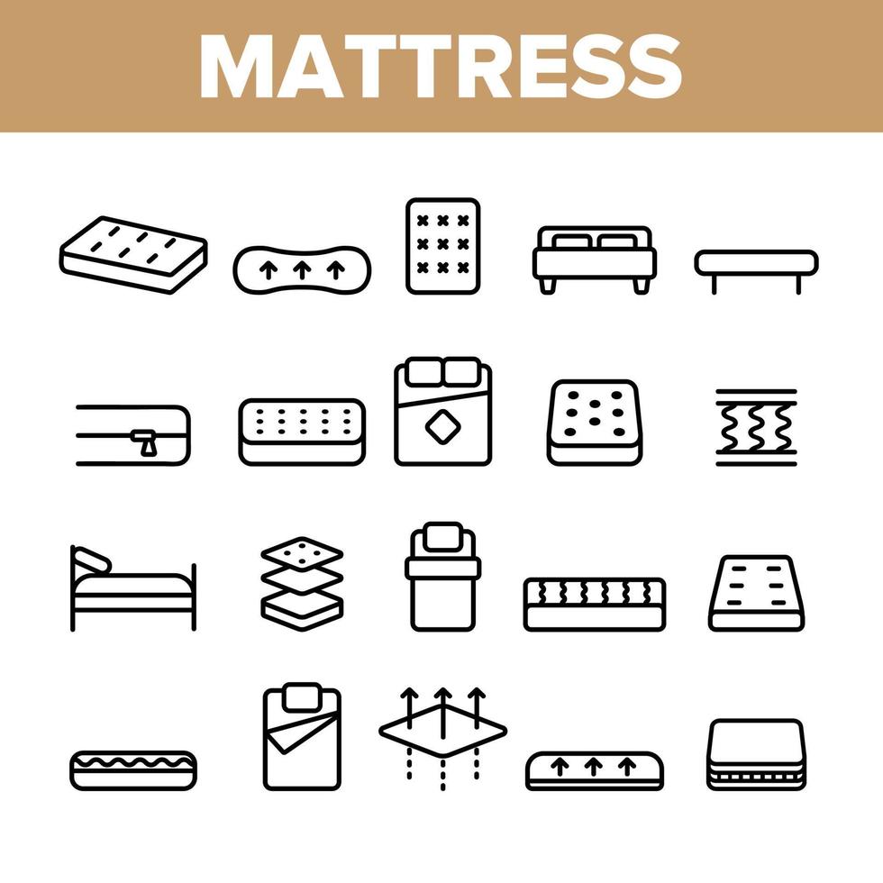 tipos de colchones y conjunto de iconos lineales de vectores de material