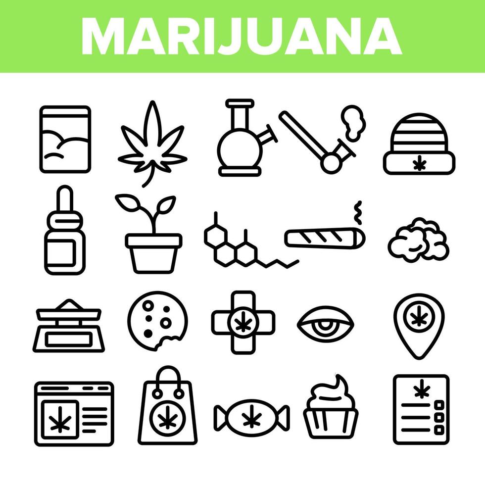 Marijuana Smoking Culture Linear Vector Icons Set