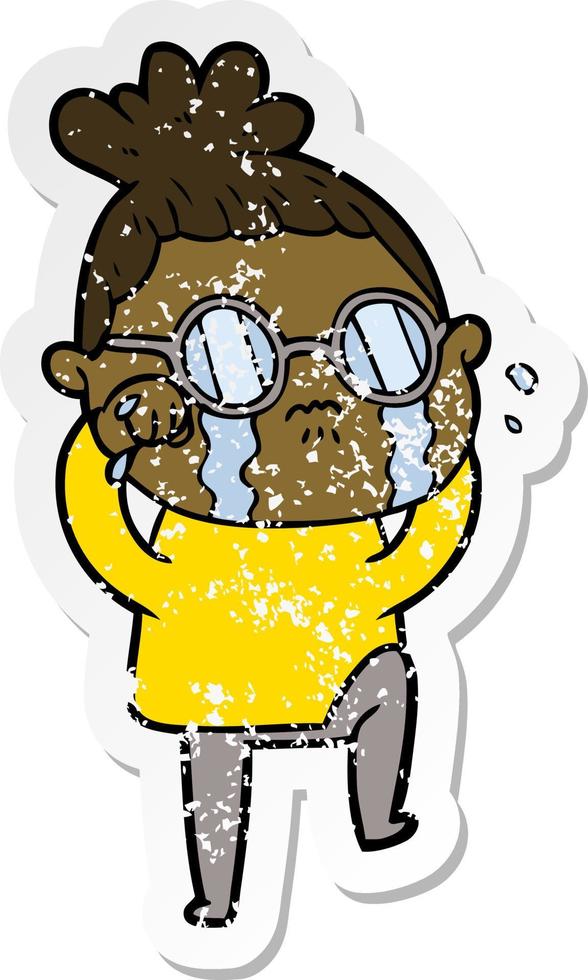 distressed sticker of a cartoon crying woman wearing spectacles vector