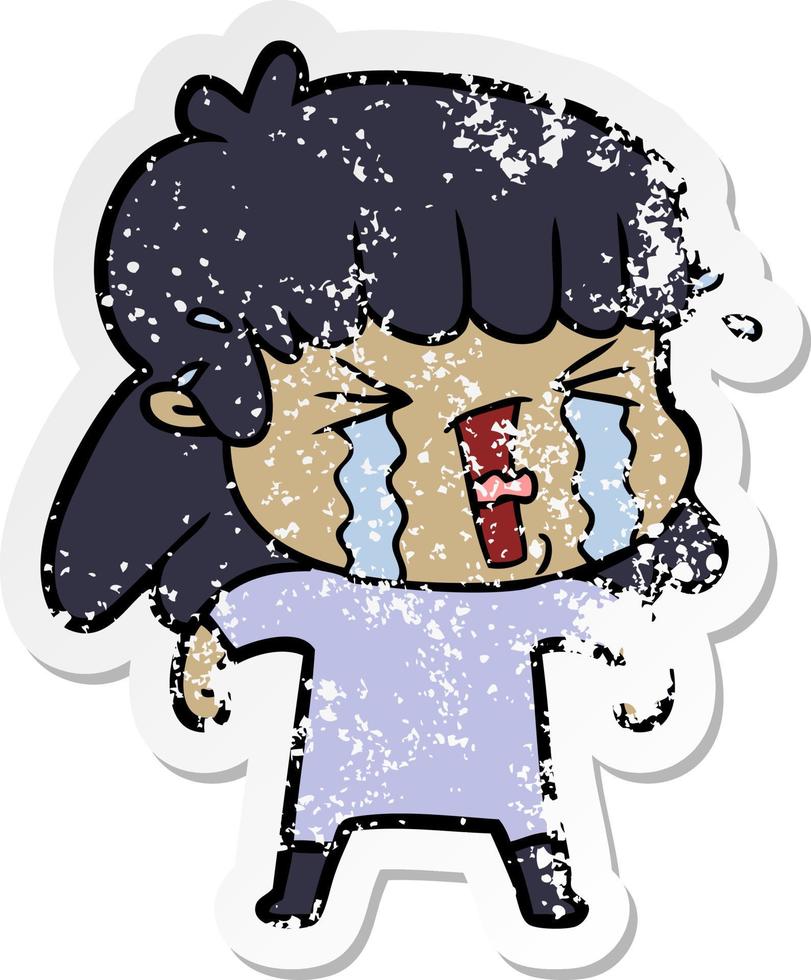 distressed sticker of a cartoon woman in tears vector