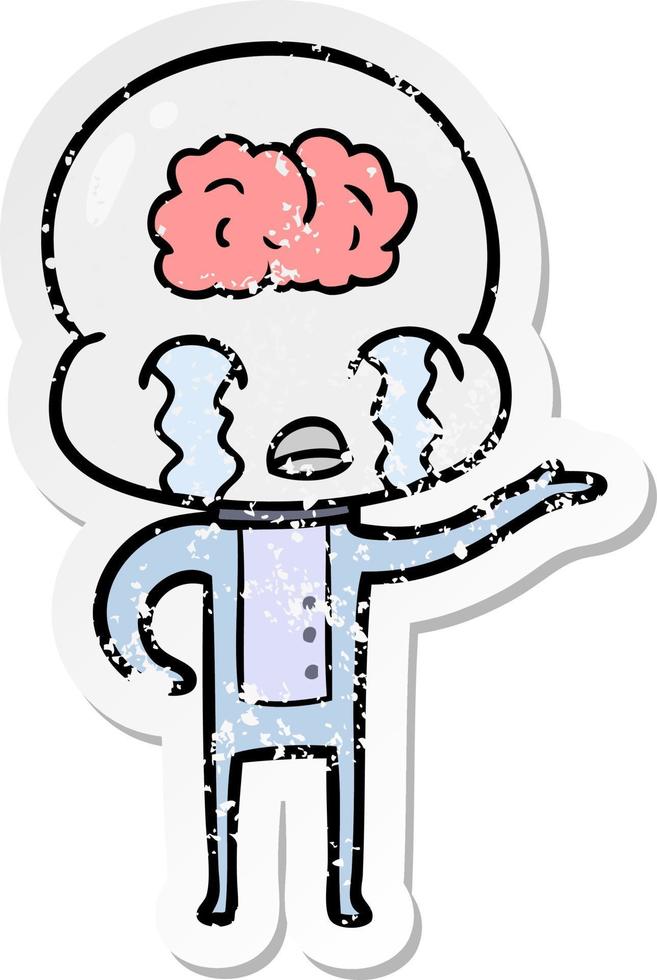 distressed sticker of a cartoon big brain alien crying vector