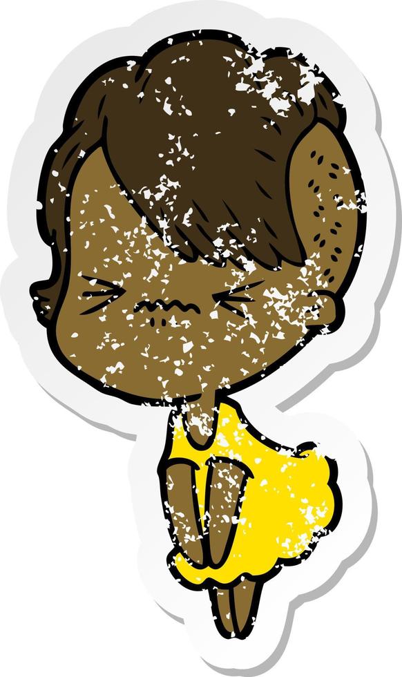 distressed sticker of a cartoon annoyed hipster girl vector