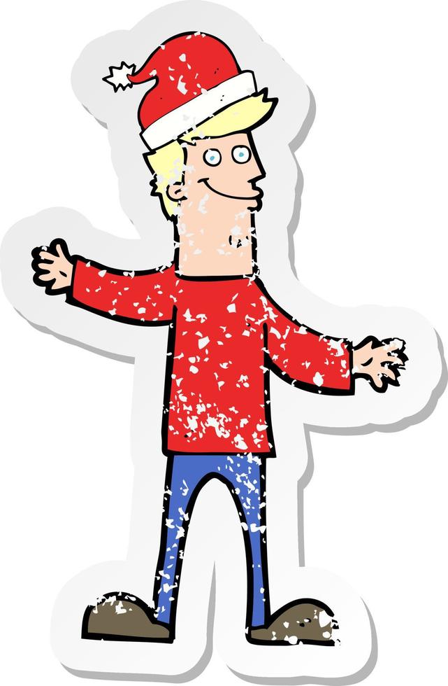 retro distressed sticker of a cartoon man ready for christmas vector