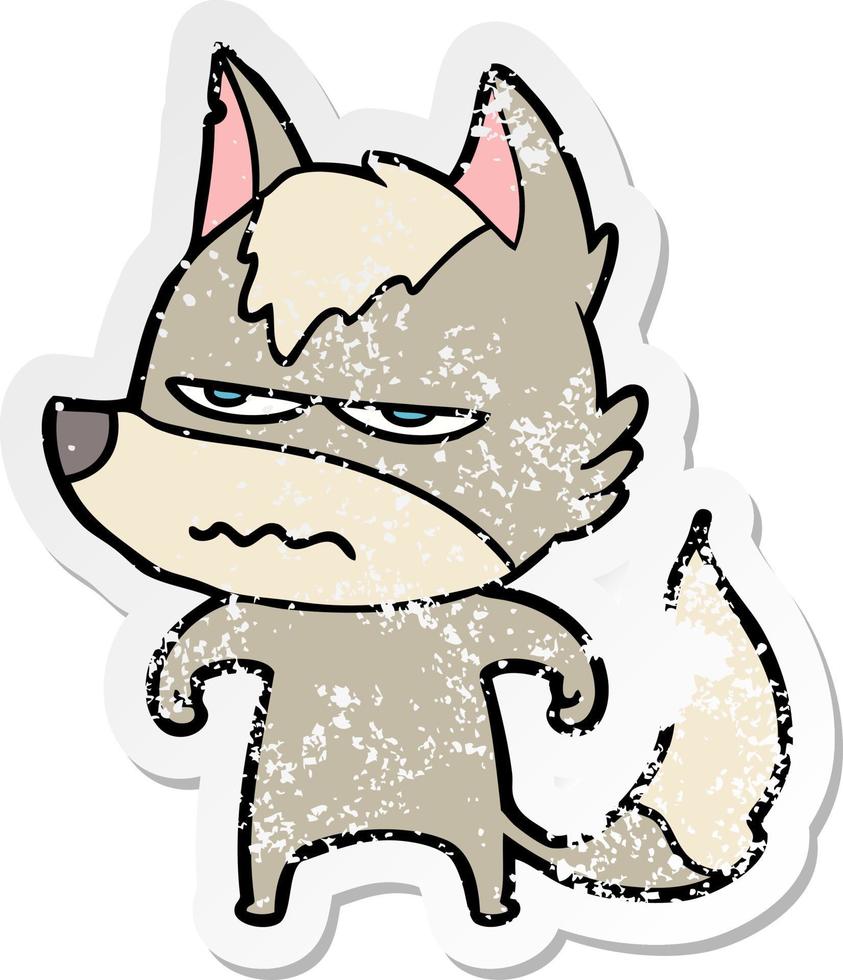 distressed sticker of a cartoon annoyed wolf vector