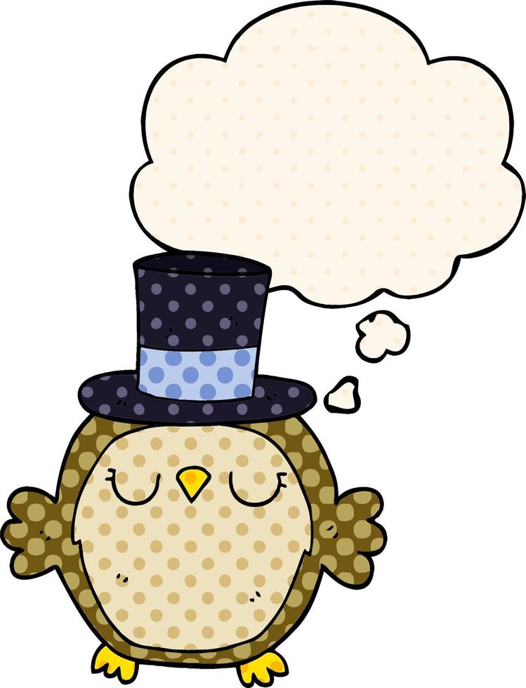 cartoon owl wearing top hat and thought bubble in comic book style vector