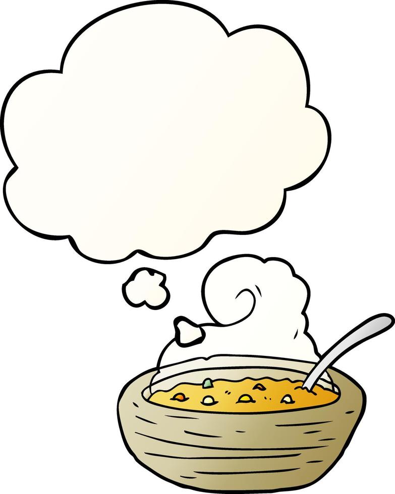 cartoon bowl of hot soup and thought bubble in smooth gradient style vector